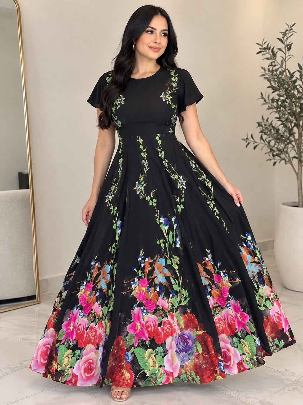 Black Maxi Dress with Vibrant Floral Border